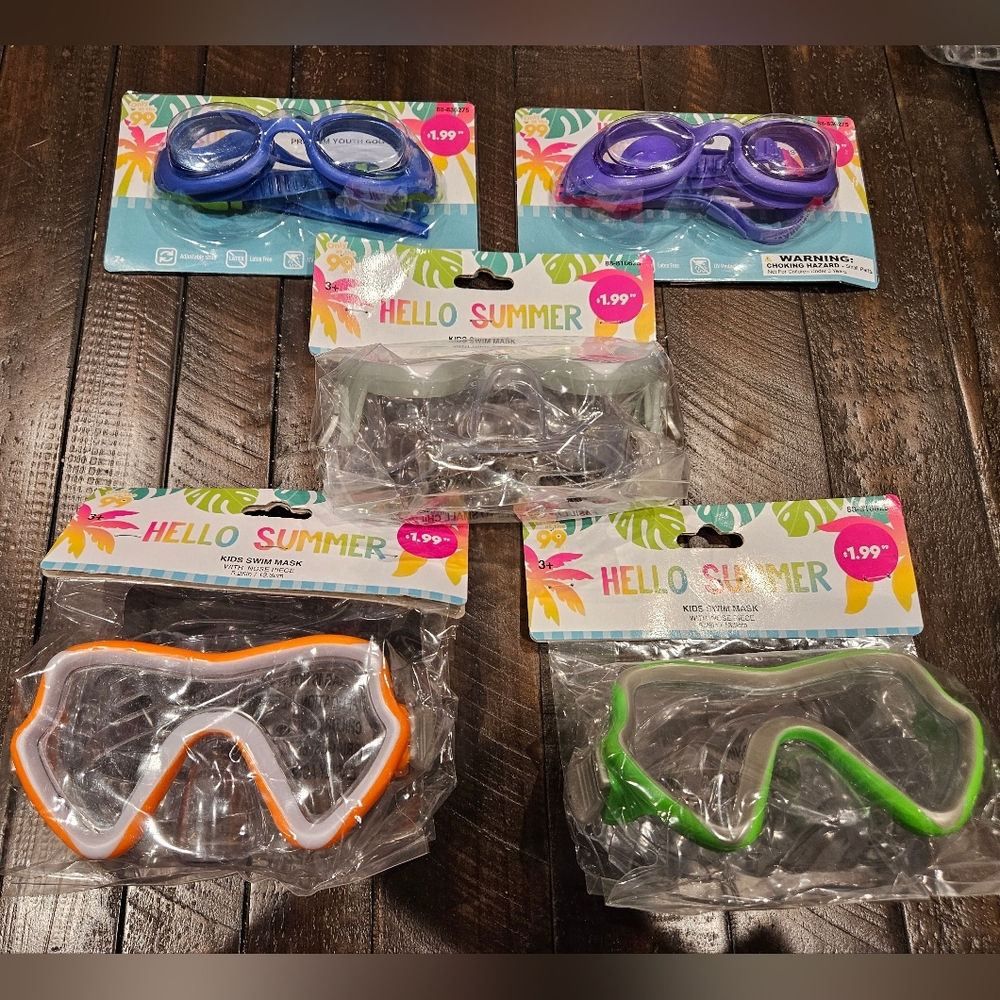 5 Goggles Hello Summer Brand Kids Swim Mask w Nose Piece, Size 3+ or 7+ w/o nose